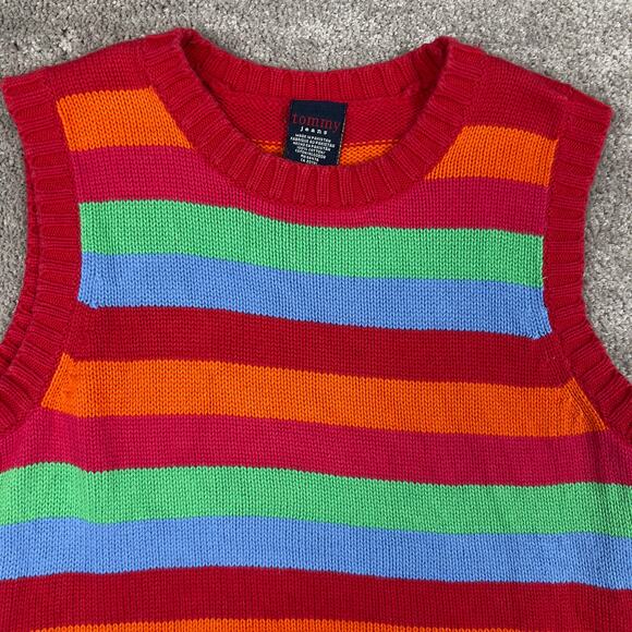 Vtg Striped Sweater Vest Size M Tommy 100% Cotton Red Blue Green 90s Y2K Preppy - Picture 2 of 4